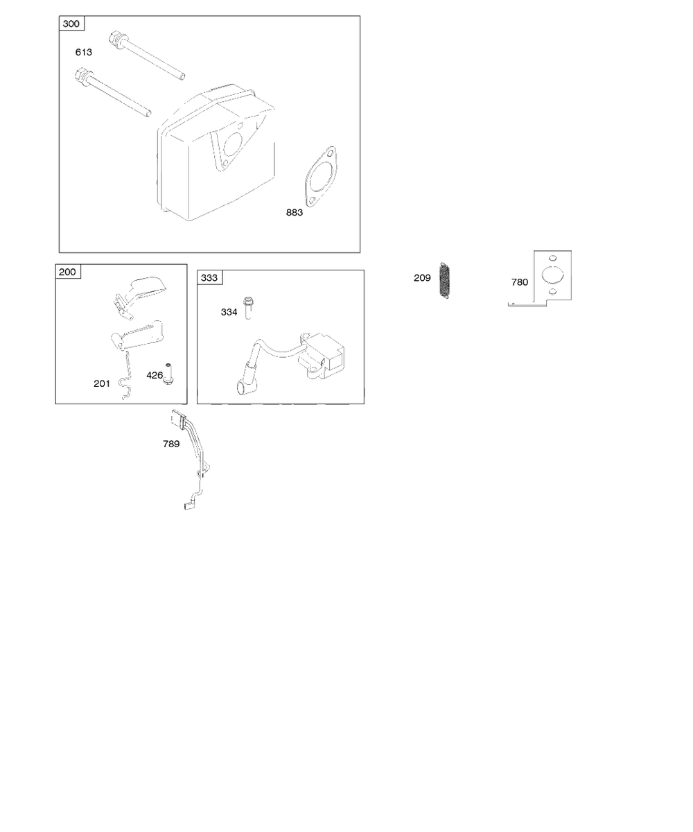 Governor Spring, Ignition, Muffler Diagram and Parts List for 84233-0198-E2  Briggs and Stratton Engine
